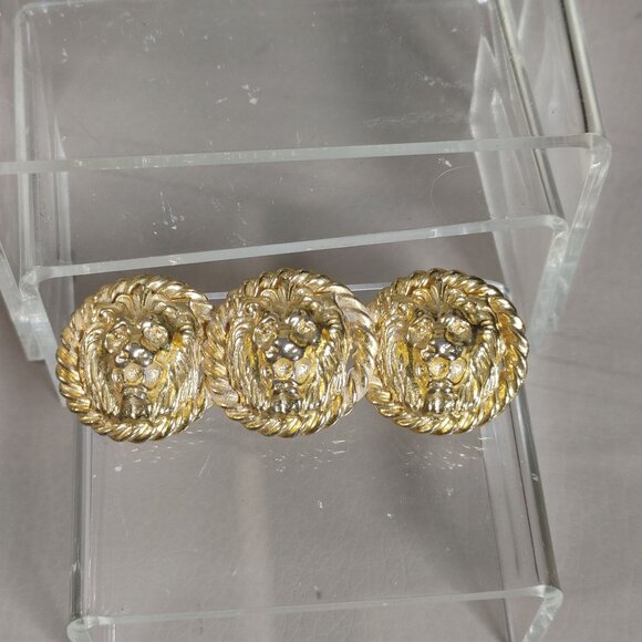 Lion Head Bar Brooch Pin Vintage 1980s Gold Tone Rope Detail 3 Inches Bold - Picture 5 of 10